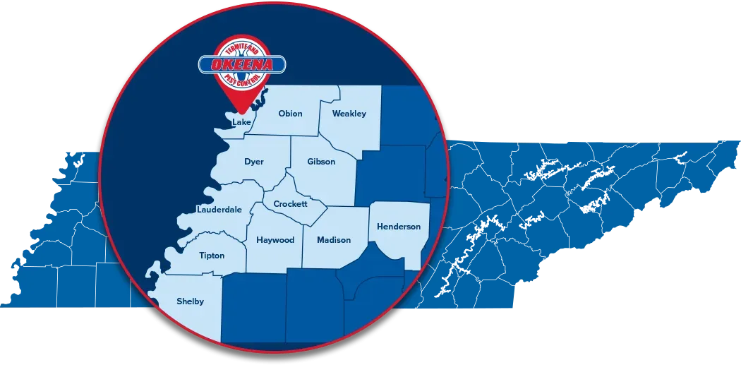 Okeena Termite and Pest Control Service Area Map West Tennessee