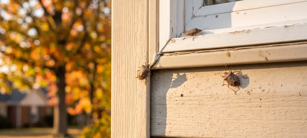 stinkbugs crawling on a window
